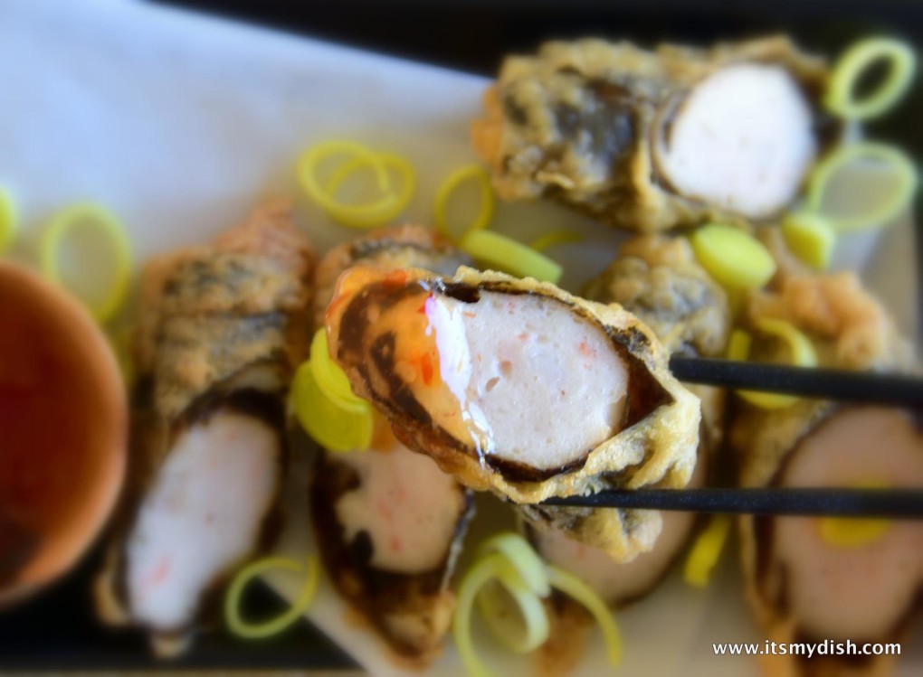 seaweed shrimp roll - closeup-chopsticks